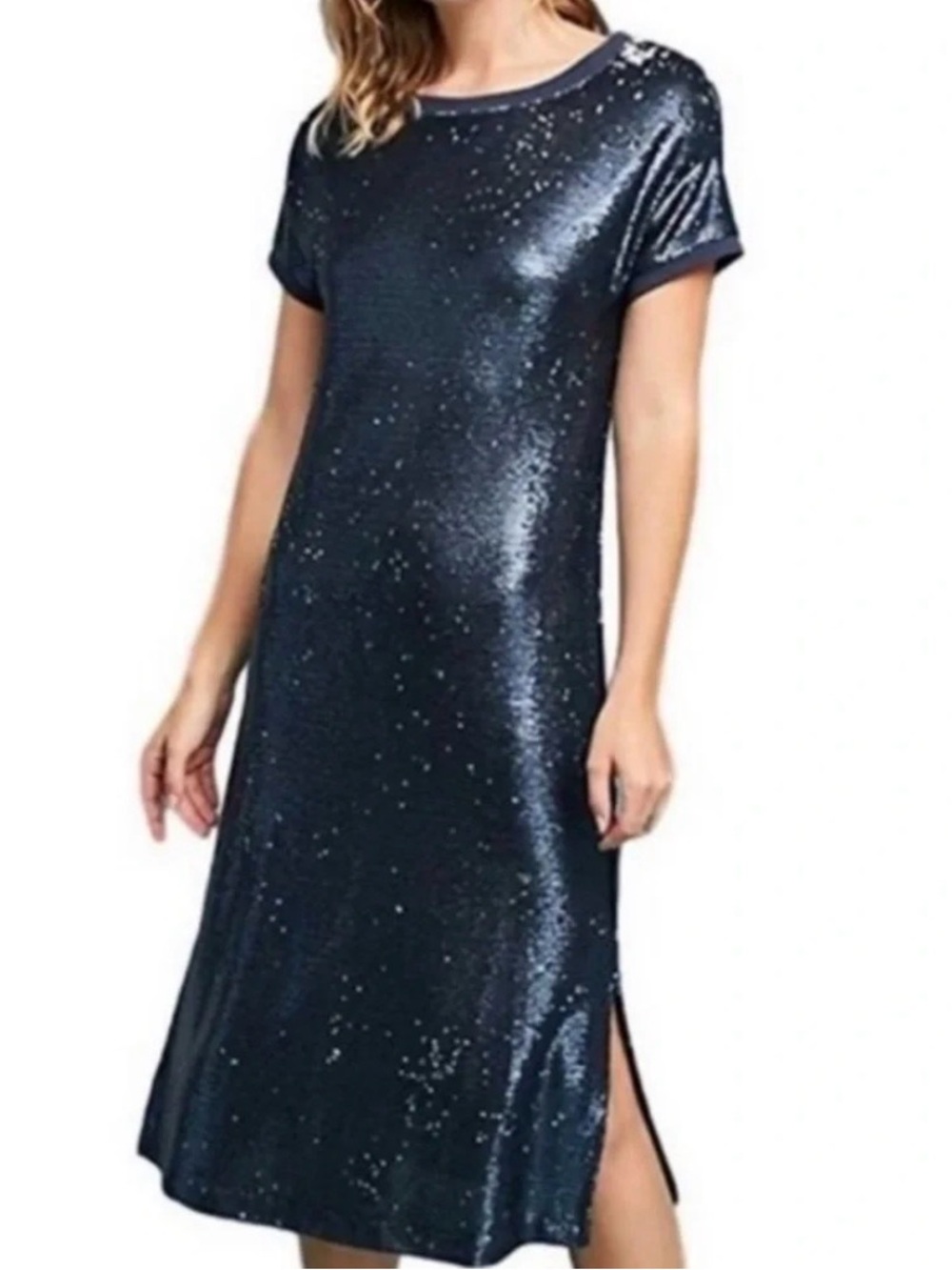 Moulinette Soeurs for Anthropologie navy blue sequin t-shirt dress